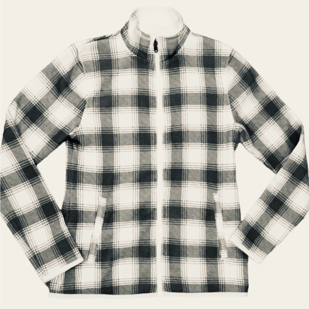 Eddie Bauer Women's Fleece Lined Full Zip Plaid Gray/Cream Sweater Jacket Size L